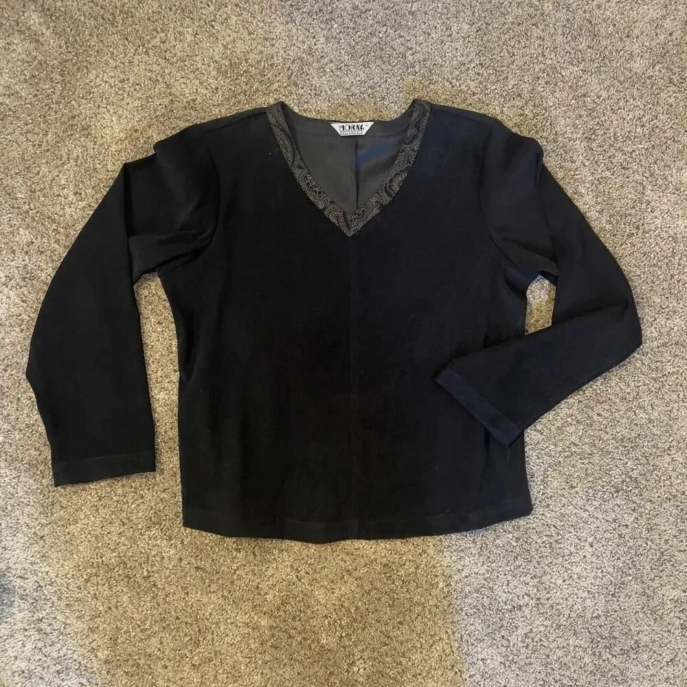 Vintage Womens SUEDE Long Sleeve V-Neck Blouse‎ VELVET VELOUR BOXY STRUCTURED M